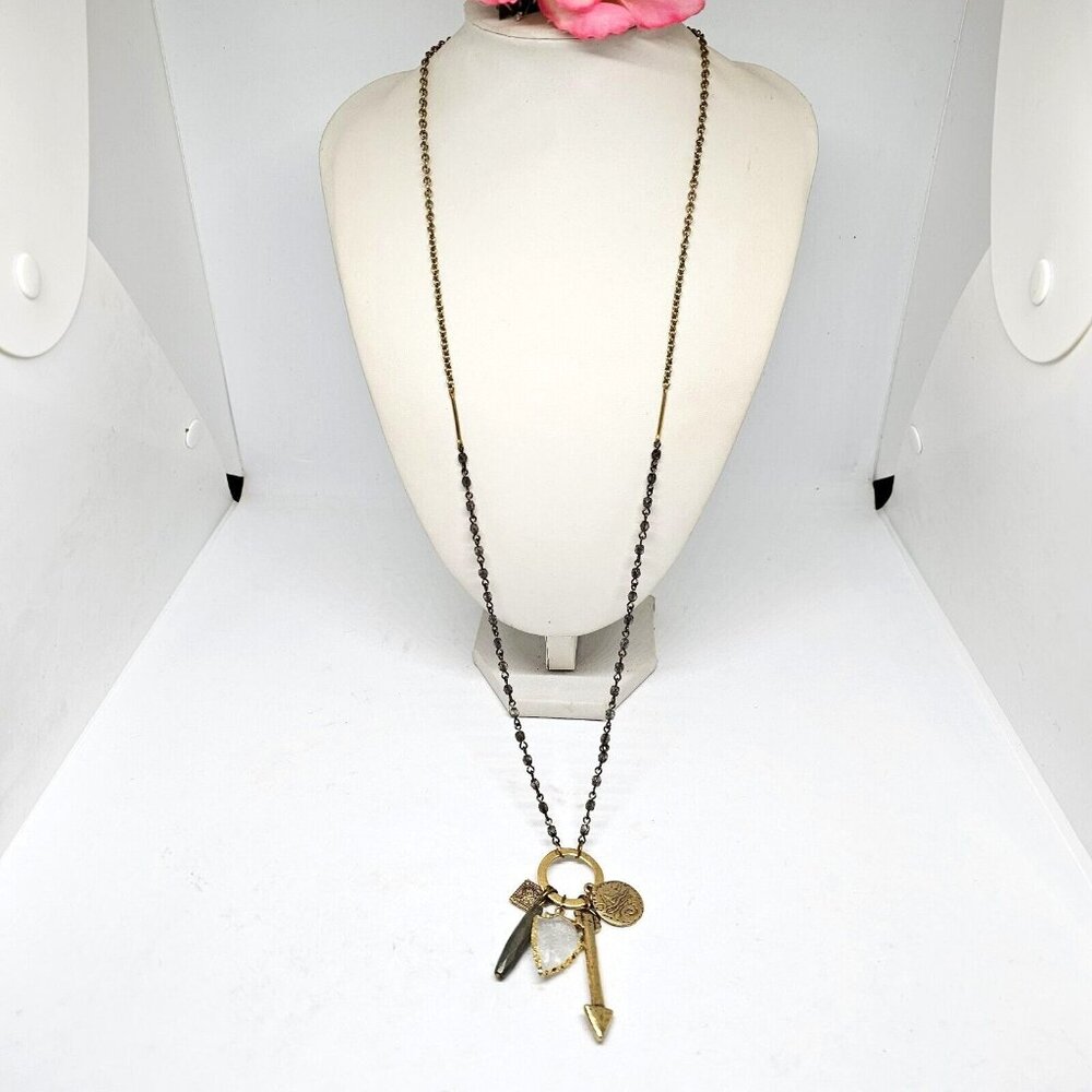 Julio Designs Long Statement Charm Necklace USA Made Gold Tone Chain Necklace